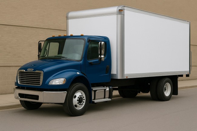 A blue single axle box truck parked at an angle.