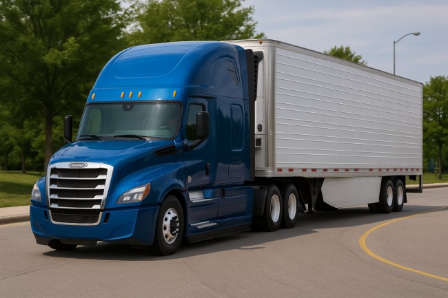 Refrigerated Truck and trailer driving down the highway.